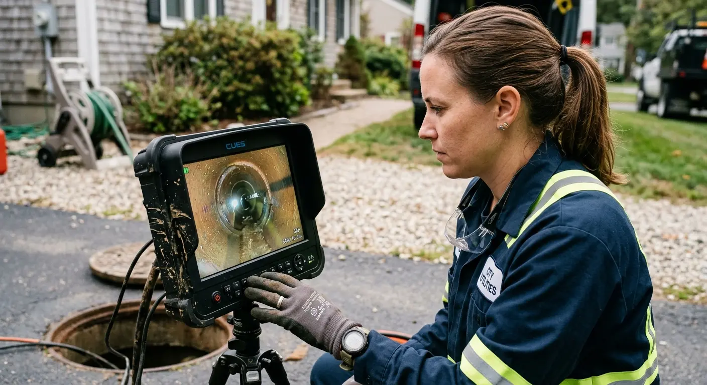 Technician reviewing sewer camera inspection footage in Milan