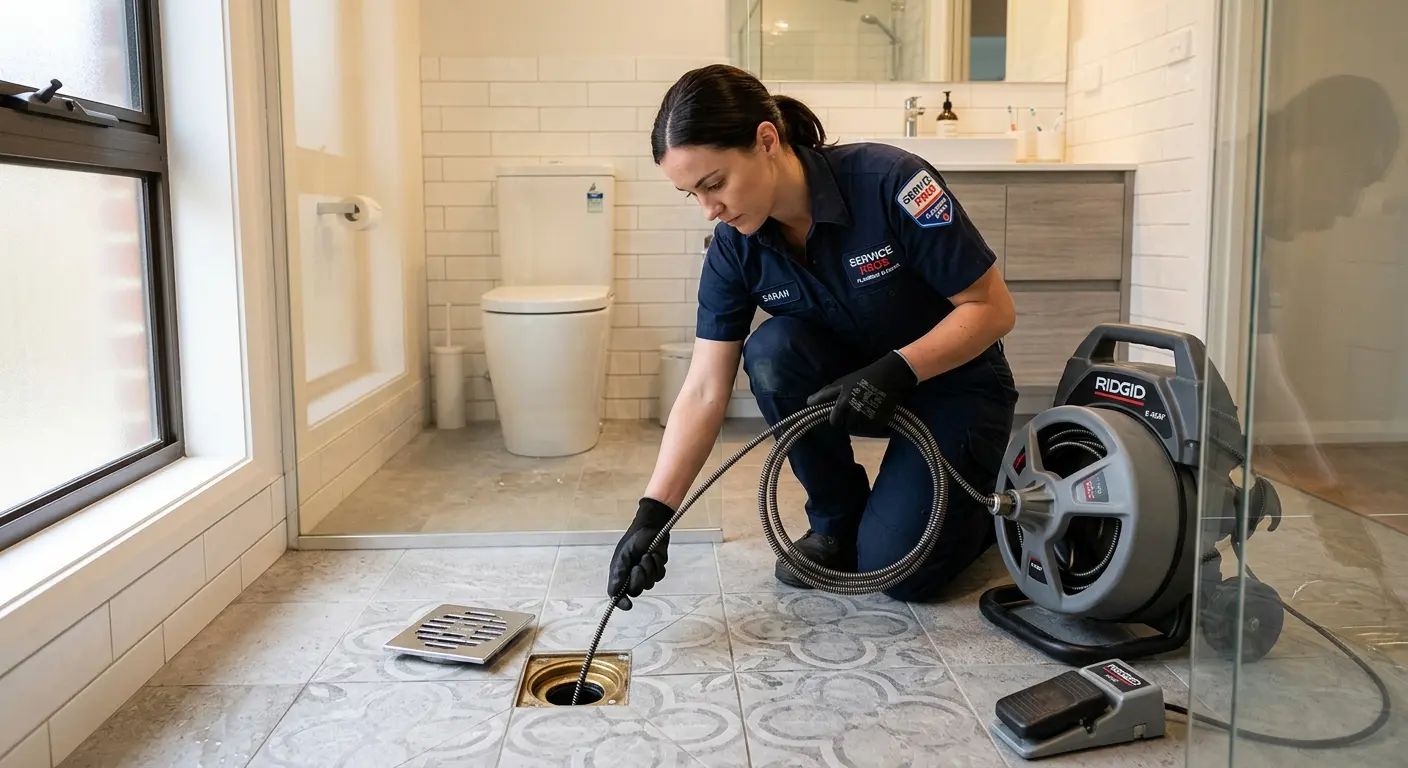 Technician clearing a bathroom floor drain for Drain Repair in Milan